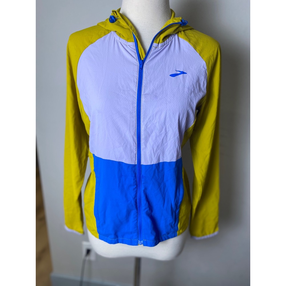 Brooks Run Happy Canopy Jacket Womens Small Colorblock Windbreaker Hooded Yellow